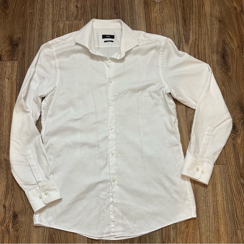Hugo Boss White Dress Shirt Button Up Sz 16 1/2 34/35 Preppy Sharp Fit Twill